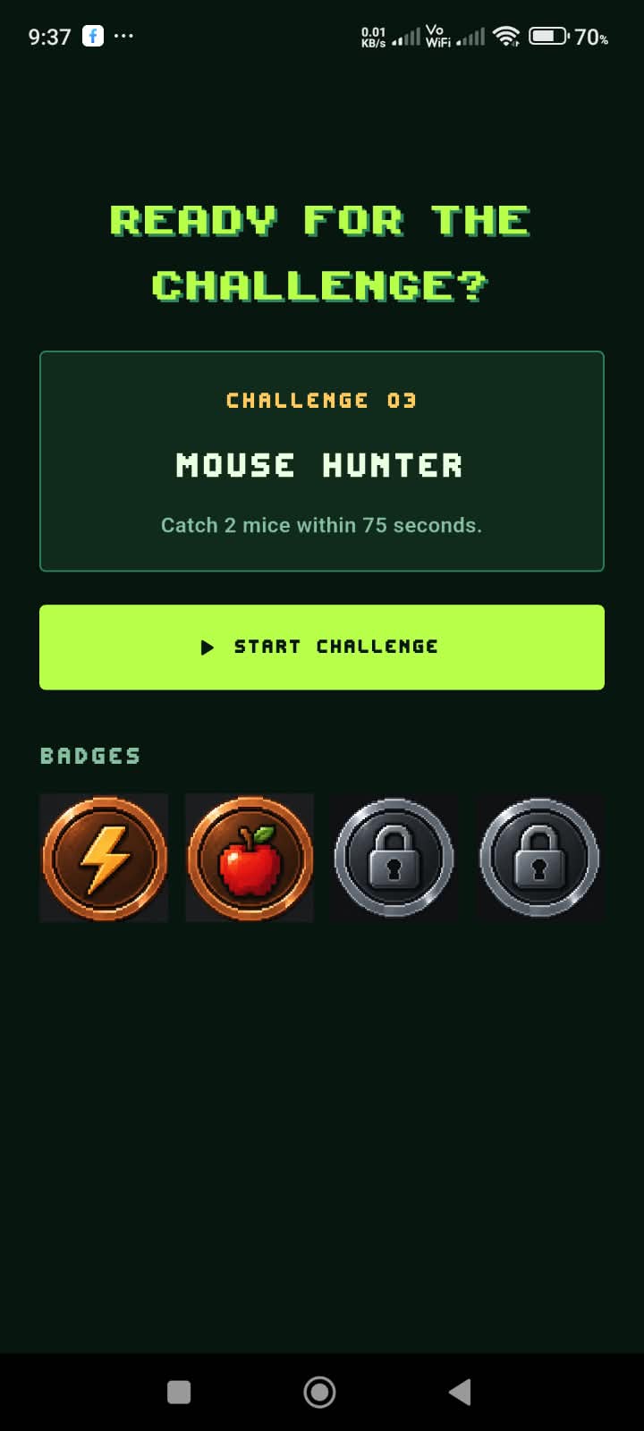 Challenge screen showing Mouse Hunter challenge and unlockable badges