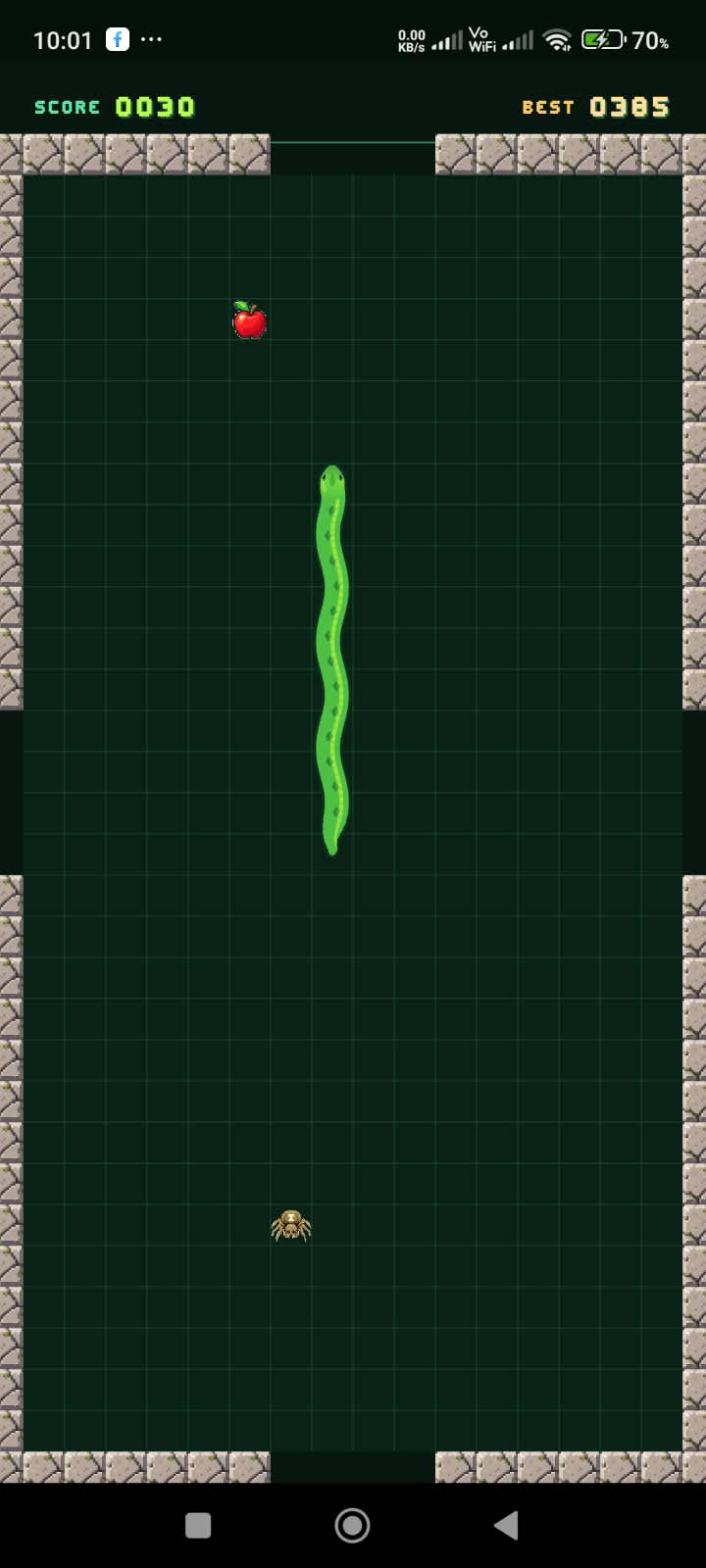 Classic Snake gameplay showing the green snake, score, apple, stone barriers, and a hazard