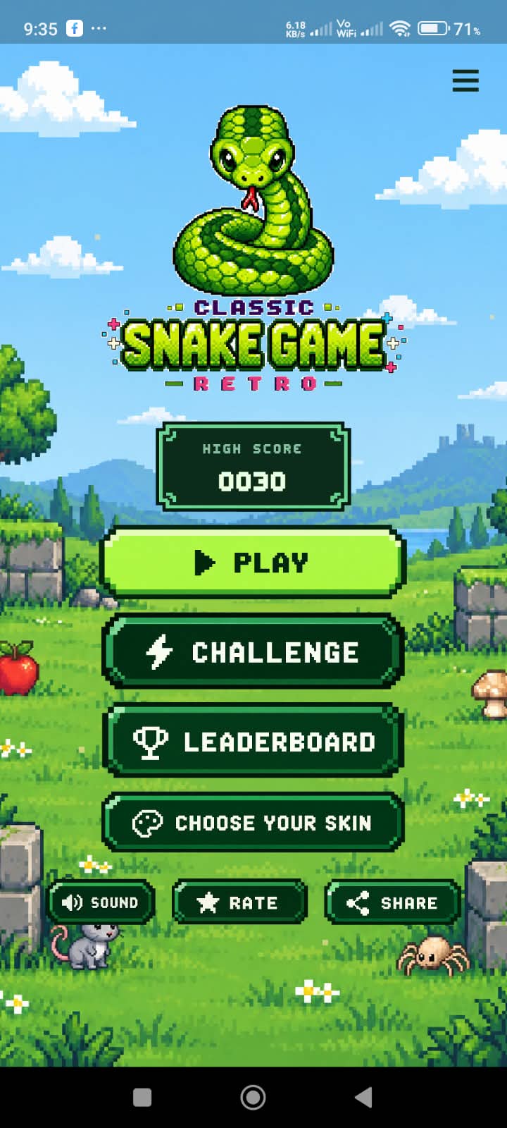 Classic Snake Game Retro home screen with Play, Challenge, Leaderboard, and Choose Your Skin buttons