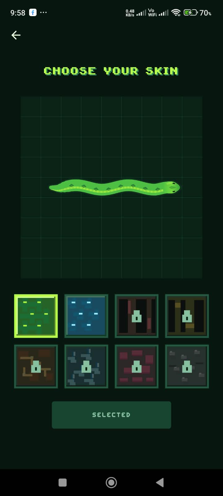 Choose Your Skin screen showing snake preview and skin choices